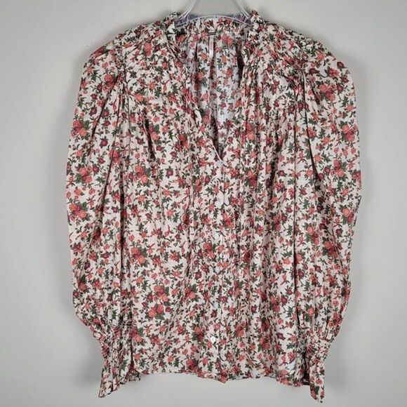 Free People Size M Meant To Be Blouse Vintage Combo Floral Long Sleeve Red Green - Picture 3 of 12
